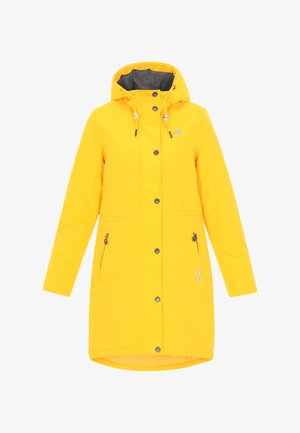 Impermeabile giallo con cappuccio, chiusura frontale a bottoni, due tasche laterali con zip e dettagli con cordino elastico. Texture liscia.