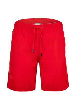 Rote Badeshorts mit elastischem Bund und verstellbarem Kordelzug, knielang, mit kleinem Markenlogo nahe dem Saum.