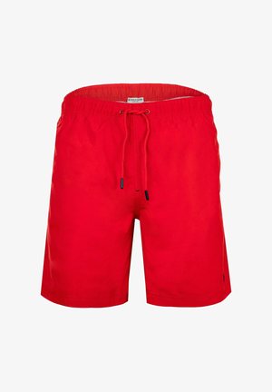 Rote Badeshorts mit elastischem Bund und verstellbarem Kordelzug, knielang, mit kleinem Markenlogo nahe dem Saum.