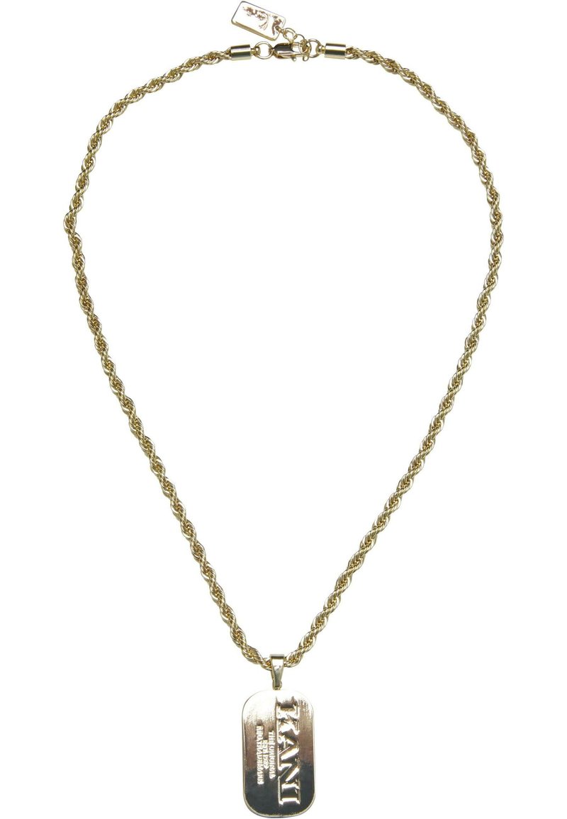 Auksu padengtas metalinis kaklo papuošalas su susuktos virvės dizainu; turi stačiakampį pakabuką, ant kurio įrašyta "KANI" ir papildomas tekstas.