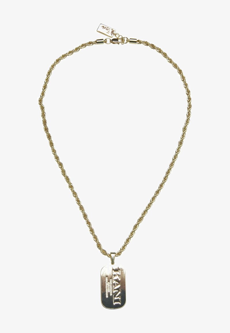 Auksu padengtas metalinis kaklo papuošalas su susuktos virvės dizainu; turi stačiakampį pakabuką, ant kurio įrašyta "KANI" ir papildomas tekstas.