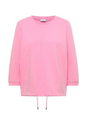 Sweat-shirt rose clair à manches longues avec encolure ronde, couture centrale, poignets côtelés et cordons ajustables à la base.
