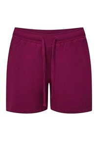 Dark purple cotton shorts with an elastic waistband, adjustable drawstring, and a simple design. Fabric is soft and smooth.
