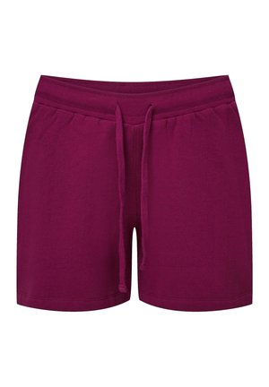 Dark purple cotton shorts with an elastic waistband, adjustable drawstring, and a simple design. Fabric is soft and smooth.