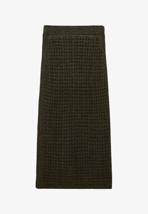 Sweterkowa spódnica w ciemnozielonym kolorze, z fakturowanym wzorem w wafelek. Prosty krój z dopasowanym pasem zapewniającym komfort i dobre dopasowanie.