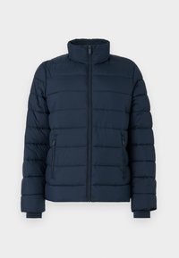 Jachetă puffer bleu marin cu guler înalt, cusături verticale, închidere cu fermoar frontal și două buzunare laterale cu fermoar. Textură netedă.
