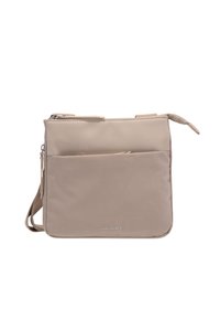 Borsa a tracolla beige realizzata in nylon morbido con una superficie liscia, dotata di un compartimento principale con zip e tasca frontale, cinturino regolabile e logo.