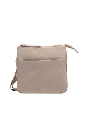 Borsa a tracolla beige realizzata in nylon morbido con una superficie liscia, dotata di un compartimento principale con zip e tasca frontale, cinturino regolabile e logo.