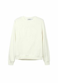 Sudadera de color crema hecha de tela suave, con un sutil corazón en relieve y una "D" en el centro, puños y dobladillo acanalados.
