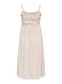 Robe midi blanche sans manches avec motif floral rose, corsage smocké et fines bretelles.