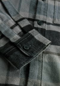 Grijs en zwart geruit flanellen shirt, met knopen, lange mouwen en een zachte textuur, met een close-up van de manchetten en stikseldetails.