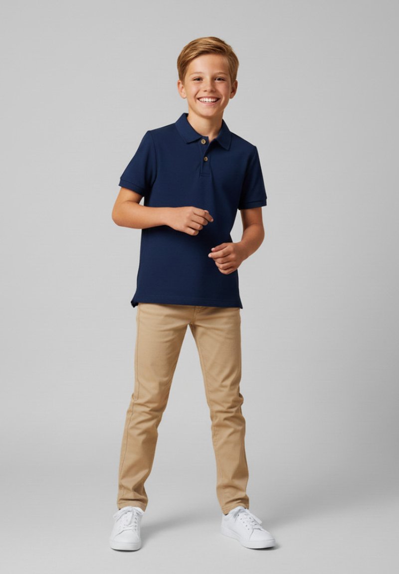 Marynarski polo z krótkim rękawem, z dwoma guzikami; w połączeniu z beżowymi spodniami; białe trampki; stojąca poza z rękami swobodnie ułożonymi.