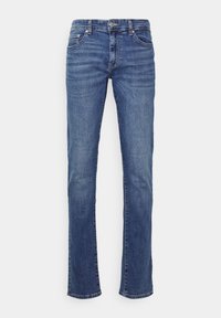 Farkut keskisinisessä sävyssä suoran lahkeen muotoilulla. Ominaisuuksiin kuuluu viisi taskua, nappisulku ja hienovaraiset kulutuskuviot.