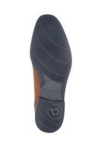 Semelle de chaussure en cuir marron avec caoutchouc noir texturé, présentant un motif géométrique et un logo embossé. Forme profilée et taille 42.