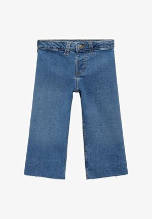 Svetle modré džínové kalhoty s rovný střih, středním pasem a surovým lemem. Obsahují kontrastní švy a přední zapínání na knoflík.