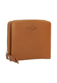 Brown leather wallet with a zip closure, featuring visible stitching, embossed logo on the front, and a slim, rectangular shape.