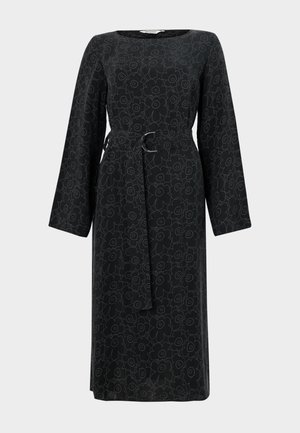 Black long-sleeve dress featuring a floral pattern in a lighter shade, with a tied waist and a square neckline. Made of lightweight fabric.
