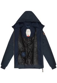 Navy blue jacket with a hood, featuring a textured exterior, zip closure, and a black patterned lining. Includes interior pockets.