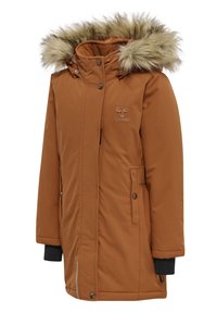 Manteau isolé marron avec une capuche ornée de fausse fourrure, poches zippées, poignets élastiques et un logo sur la poitrine. Texture de tissu lisse.