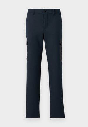 Navy blue cargo pants made of a smooth fabric, featuring side pockets, a front button closure, and a straight-leg design.