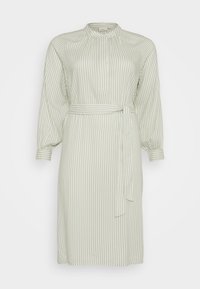 Robe rayée vert clair avec col montant, manches longues bouffantes, ceinture à la taille et coupe au niveau du genou. Tissu texturé avec des rayures verticales.