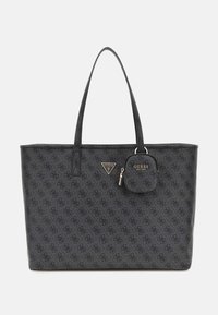 Geantă tote neagră din material sintetic texturat, cu un model repetitiv, accente cu logo și un pouch rotund detașabil.