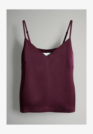 Bordeaux kleurige cami-top met dunne verstelbare spaghettibandjes, V-hals, een gladde textuur en een rechte zoom. Bevat een subtiel merklabel aan de binnenkant.