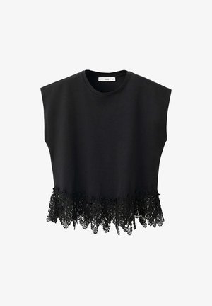Haut noir sans manches avec encolure ronde et large bordure en dentelle le long de l'ourlet, présenté sur fond blanc.
