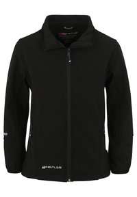 Svart softshell-jacka med full dragkedja, hög krage, sidofickor, lila dragkedjedetaljer och logotypdetaljer på vänster sida.