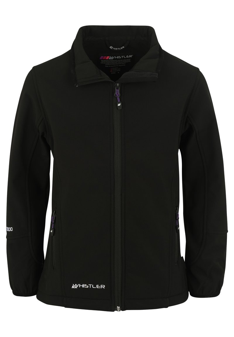 Svart softshell-jacka med full dragkedja, hög krage, sidofickor, lila dragkedjedetaljer och logotypdetaljer på vänster sida.