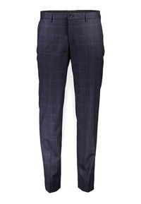 Pantaloni a quadri blu navy realizzati in tessuto intrecciato, con frontale piatto, gambe dritte e chiusura con bottone e passanti per cintura.