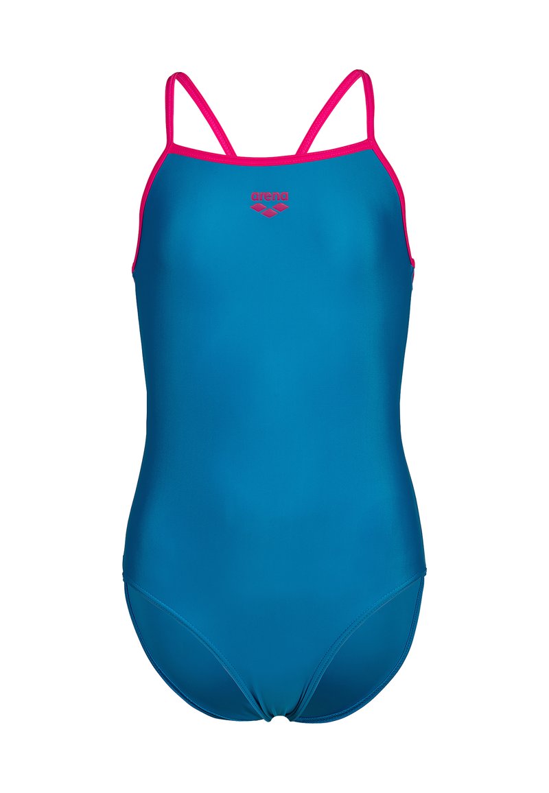 Costume intero turchese con spalline rosa, caratterizzato da una superficie liscia e un taglio atletico. Logo Arena in rosa sulla parte anteriore.