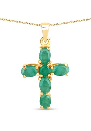 Goldenes Kreuzanhänger mit fünf ovalen grünen Edelsteinen, jeder in einer Krappenfassung eingesetzt, mit einer goldenen Kette und einer polierten Oberfläche.