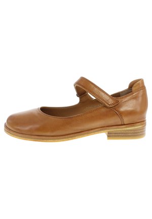 Brown leather Mary Jane shoe with a round toe, a flat heel, and a strap across the instep. Smooth texture with minimal stitching details.