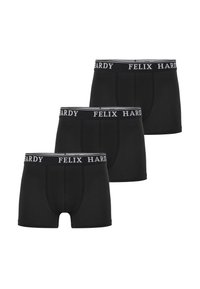 Schwarze Boxershorts im Dreierpack, mit einem weißen Bund, auf dem der Markenname "FELIX HARDY" in einem wechselnden Muster gedruckt ist.