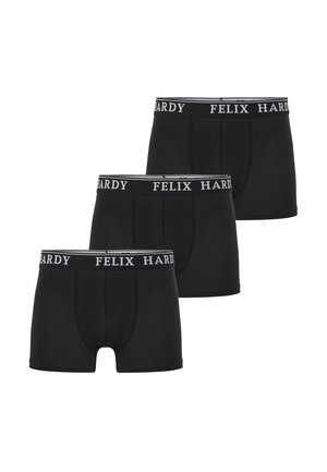 Kolme tükki musti bokserpükse, millel on valge vöö, kus on vahelduvate mustritega trükitud brändinimi "FELIX HARDY".