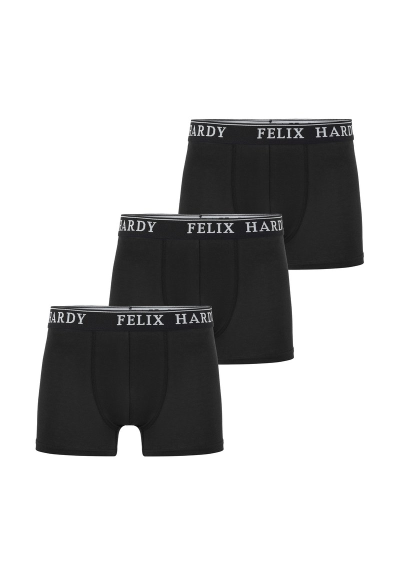 Schwarze Boxershorts im Dreierpack, mit einem weißen Bund, auf dem der Markenname "FELIX HARDY" in einem wechselnden Muster gedruckt ist.