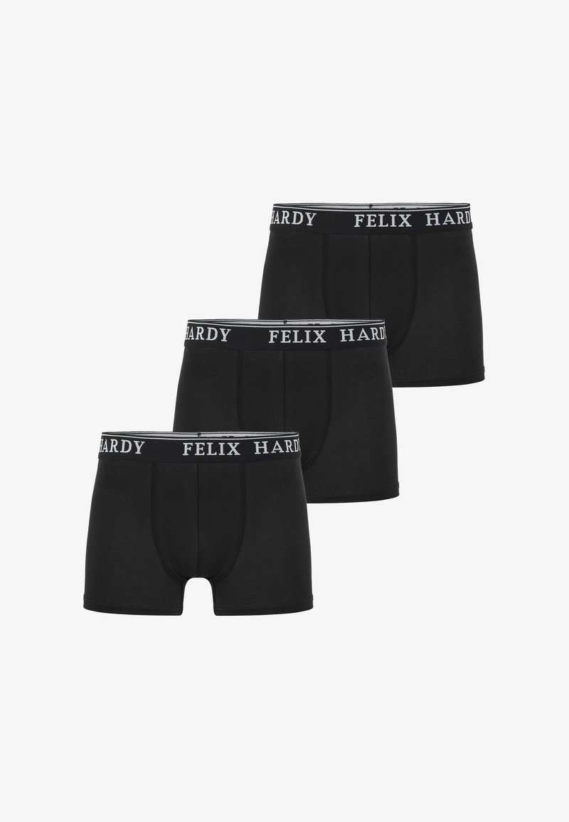 Schwarze Boxershorts im Dreierpack, mit einem weißen Bund, auf dem der Markenname "FELIX HARDY" in einem wechselnden Muster gedruckt ist.