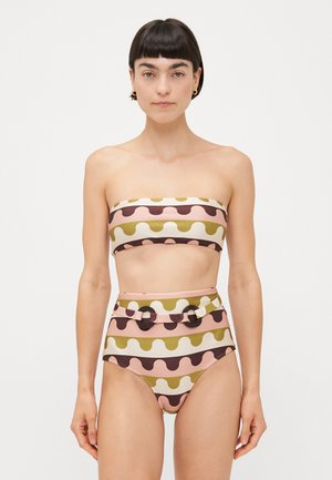 Kaksiosaline bandeau bikiin komplekt, millel on laineline muster tuhande roosa, rohelise ja pruuniga. Kõrge vöökoht ja vöödetaoline detail silmustega.