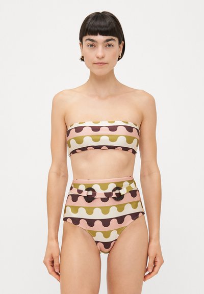 Two-piece bandeau bikini featuring a wavy pattern in muted pink, green, and brown tones. High-waisted bottom with belt detail and loops.