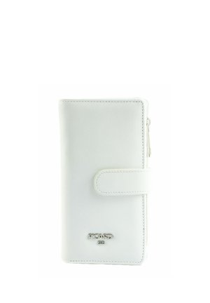 Portefeuille en cuir blanc avec fermoir à pression, fermeture éclair sur le côté et logo métallique "Picard 1928" à l'avant.