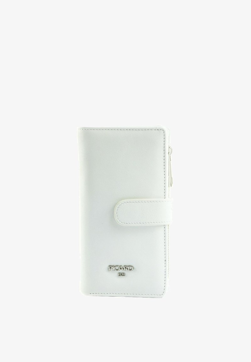 Portefeuille en cuir blanc avec fermoir à pression, fermeture éclair sur le côté et logo métallique "Picard 1928" à l'avant.