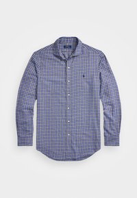 Blå och vit rutig skjorta med långa ärmar, knappad krage och en rundad nederkant, med en liten logotyp på vänster bröst.