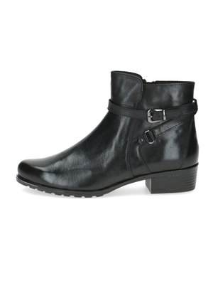 Black leather ankle boots with a low block heel, featuring an adjustable strap with a metal buckle and a smooth, shiny surface.