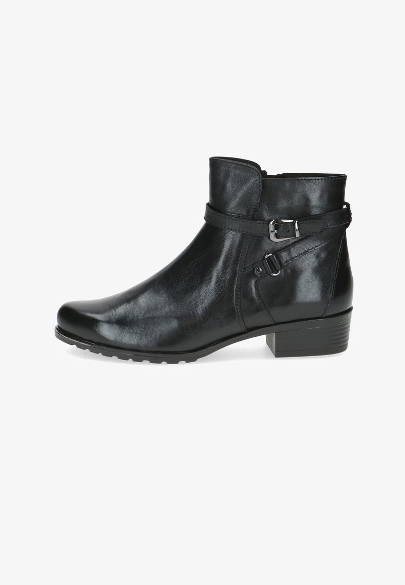 Botines negros de cuero con un tacón bajo en bloque, que cuentan con una correa ajustable con una hebilla de metal y una superficie lisa y brillante.