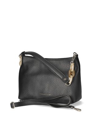 Black textured leather handbag with detachable shoulder strap and decorative amber-colored chain links on handle.