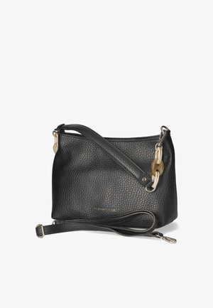 Black textured leather handbag with detachable shoulder strap and decorative amber-colored chain links on handle.