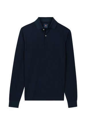 Marineblauw poloshirt met lange mouwen, een kraag en een knoopsluiting met twee knopen, voorzien van geribbelde manchetten en een klein merkembleem aan de binnenkant van de kraag.