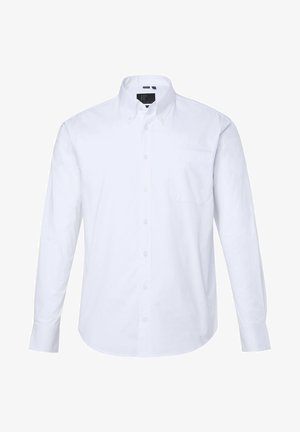 Hvid langærmet skjorte med knapper, button-down krave og brystlomme, vist på en ensfarvet hvid baggrund.