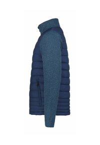 Marineblå puffer vest med ribbet strik på de øvre ærmer og krave. Har en lynlåslomme på siden og en tofarvet tekstur.